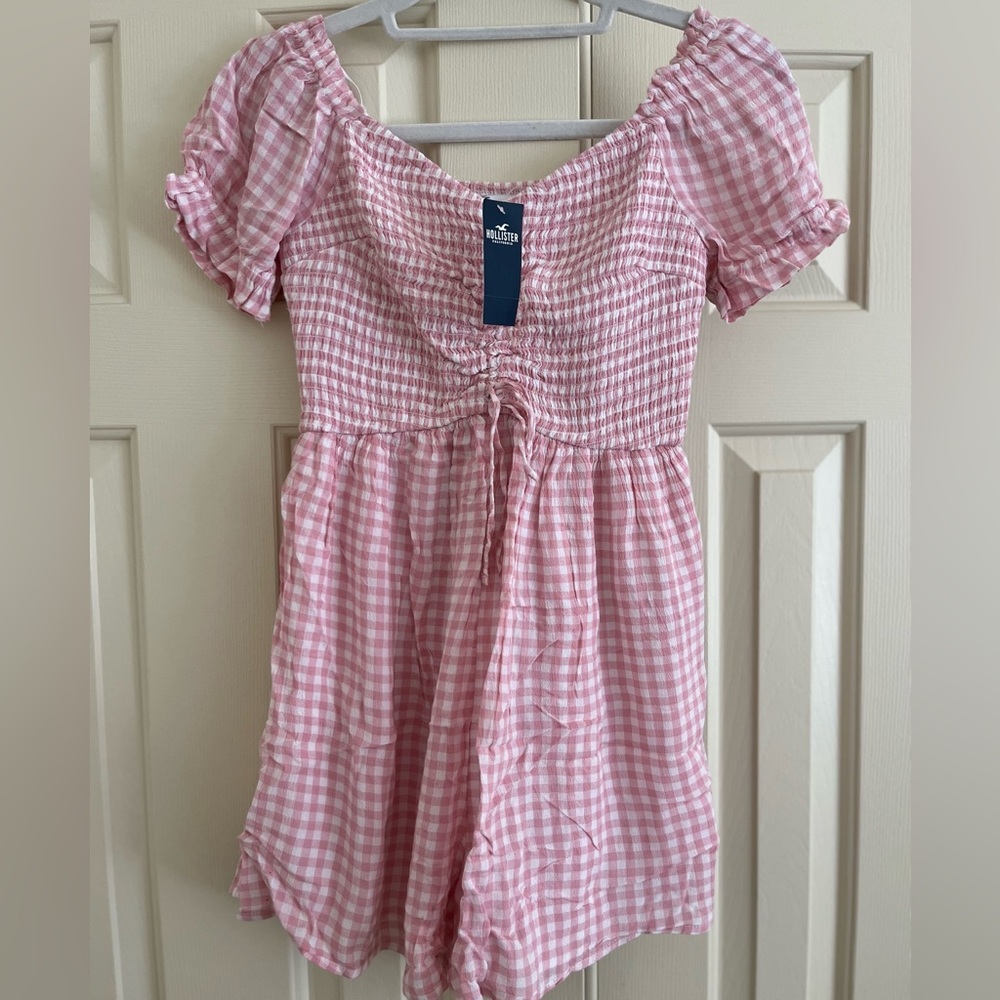 Hollister Pink and White Gingham Romper with Puff Sleeves